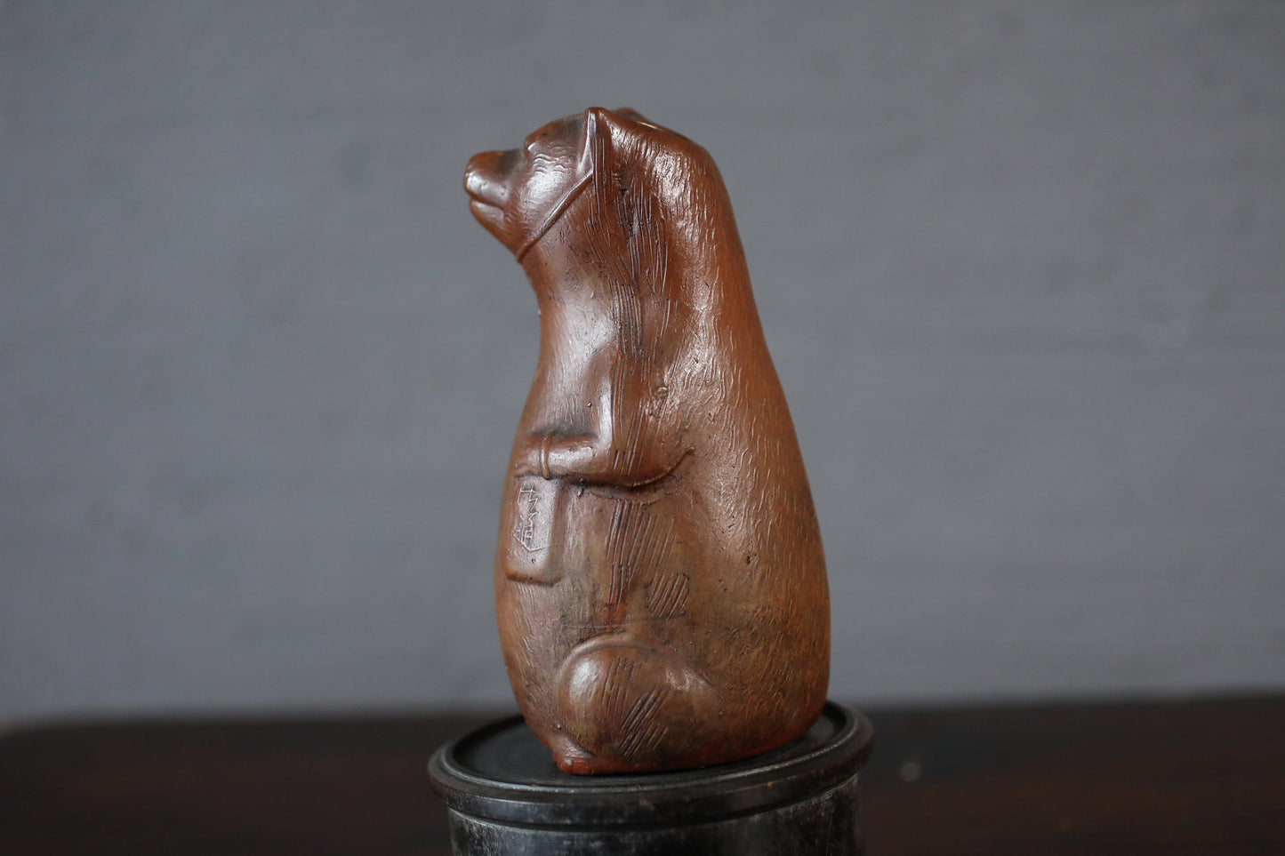 Japanese 1800s antique BIZEN pottery sake bottle doll Tableware old raccoon dog Edo craft animal ornament H5.9in/H15cm