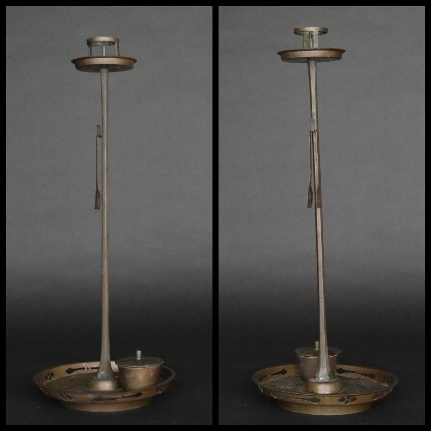 Japan Antique 1800s bronze candle stand tall Candlestick metal Lantern Shokudai hand craft SAMURAI Buddhist temple Edo H25.8in/H65.5cm