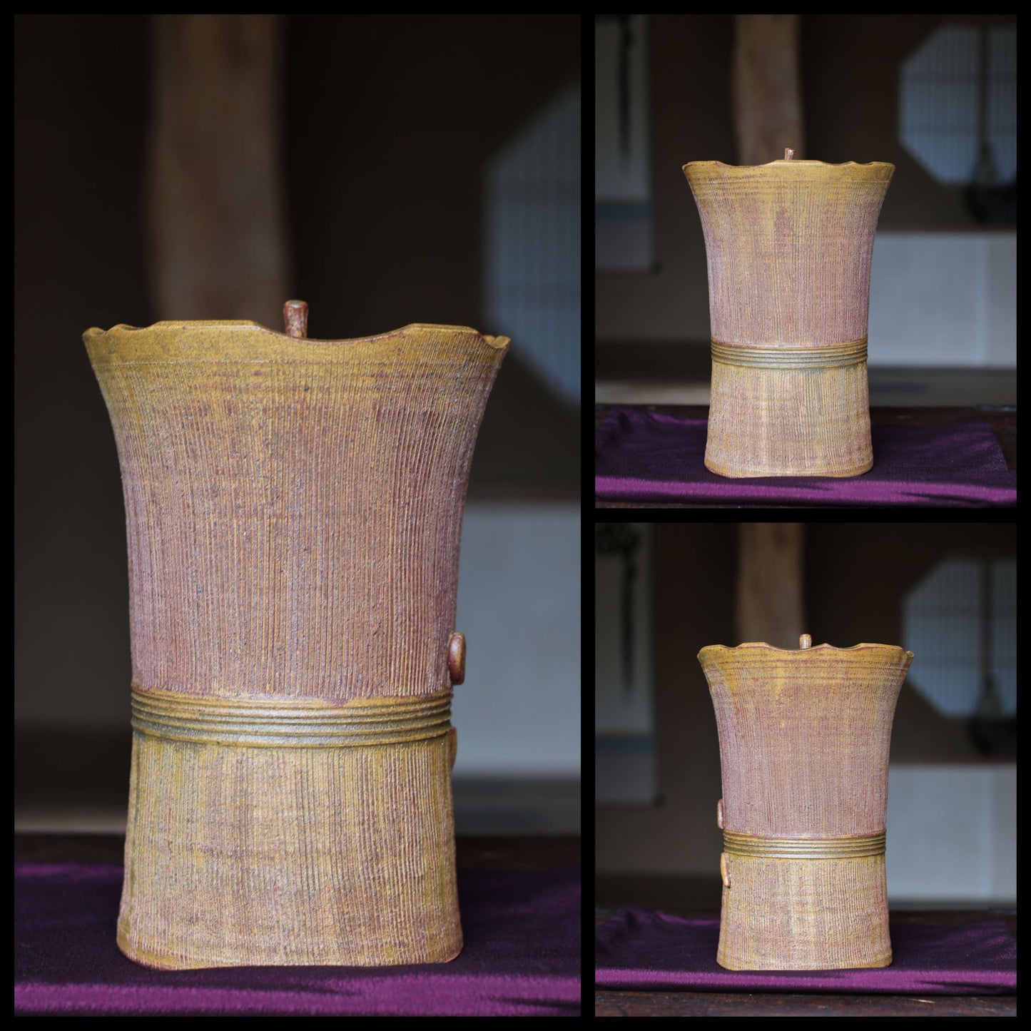 Japanese vintage Mizusashi jar with lid ceramic, kiln craft For Tea ceremony with Kanji signature Box H8.5 / 21.5cm