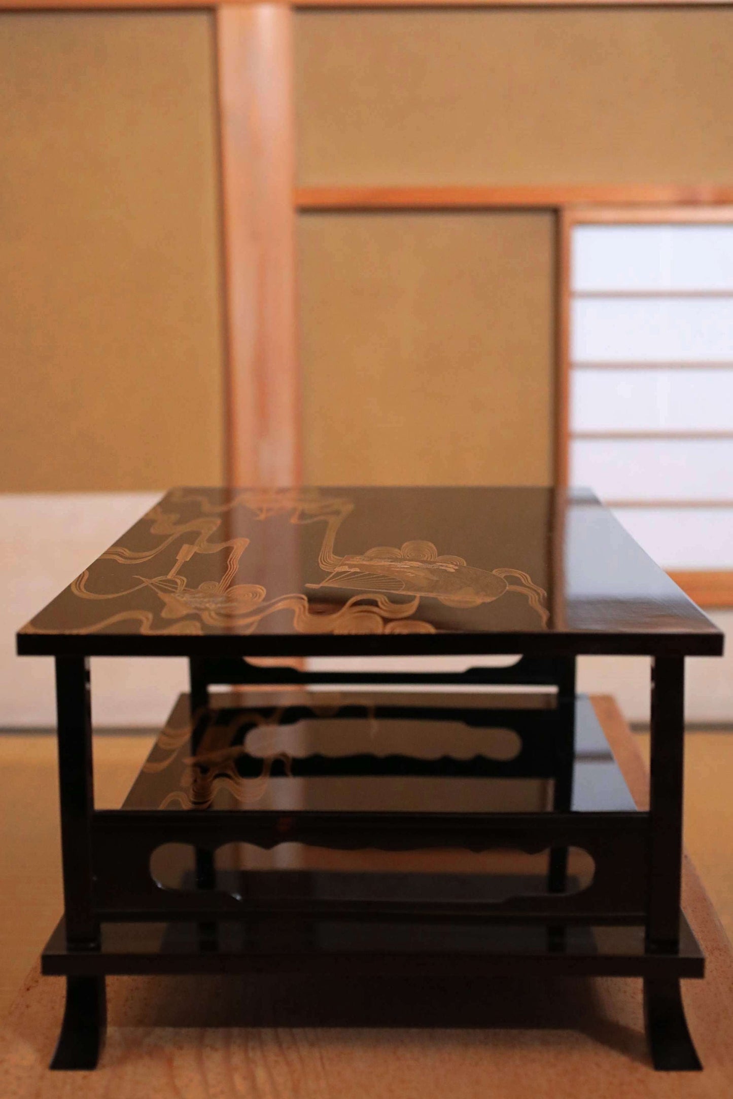 FINE! Japanese antique furniture MAKIE gold low table lacquer pedestal with water pattern, Buddhist Sutra desk H8.7×21.7in/H22×32.5cm