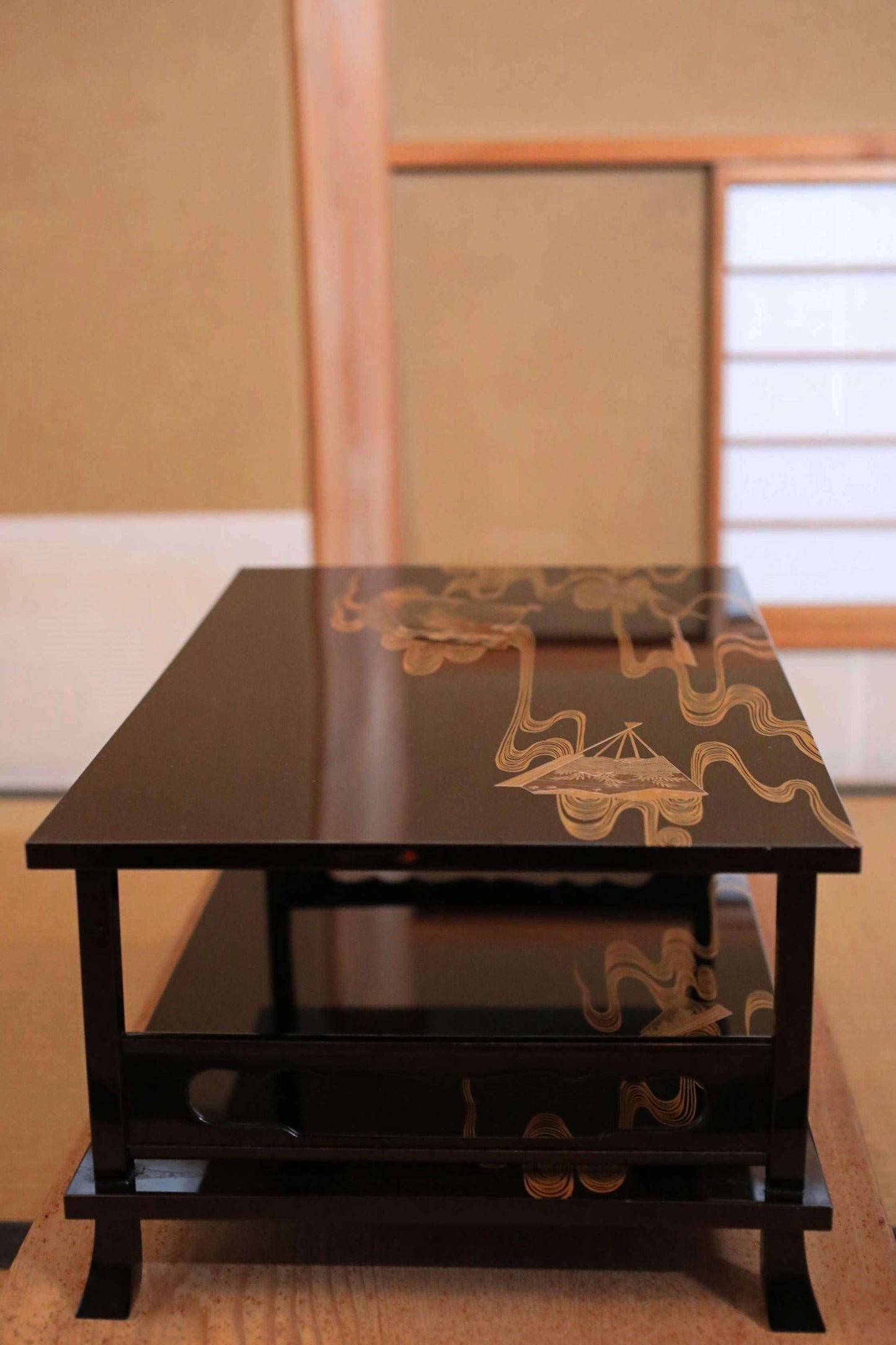 FINE! Japanese antique furniture MAKIE gold low table lacquer pedestal with water pattern, Buddhist Sutra desk H8.7×21.7in/H22×32.5cm