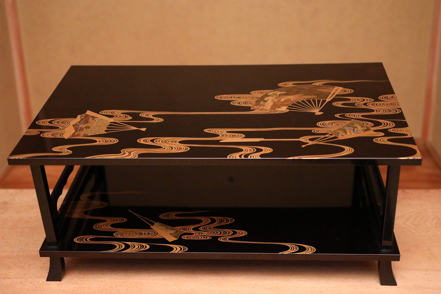 FINE! Japanese antique furniture MAKIE gold low table lacquer pedestal with water pattern, Buddhist Sutra desk H8.7×21.7in/H22×32.5cm