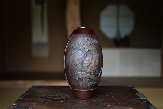 Japanese vintage 1950s bronze vase vase with relieves of Pine Trees and Eagle, lost wax art Takaoka, with Kanji signature H10.6in/H27cm
