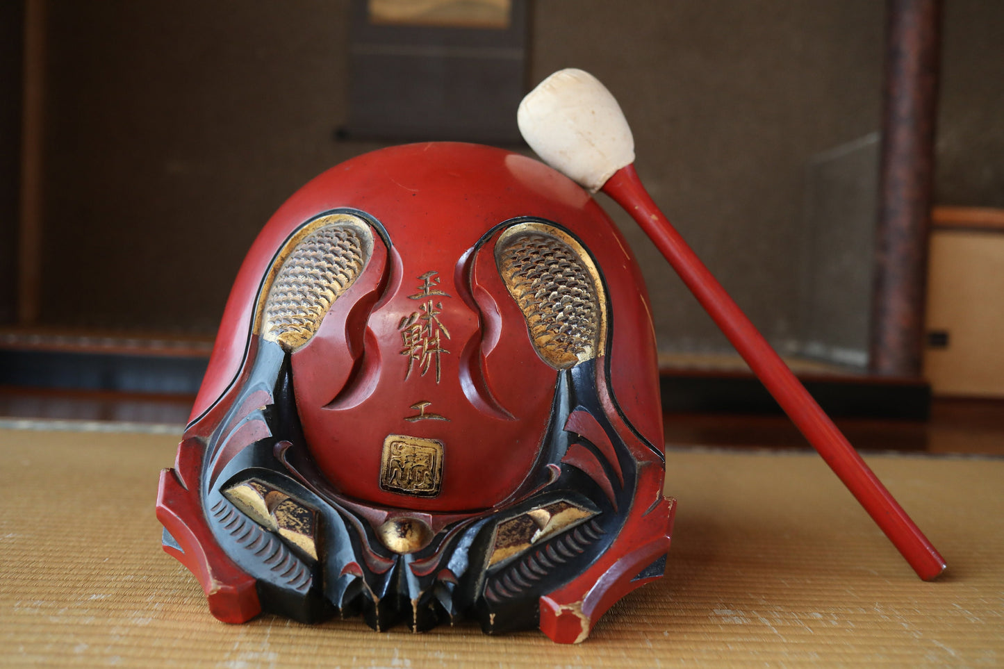 FINE! BIG! 1900s Antique Wooden Fish drum gong"mokugyo" from Buddhist temple stick set, red gold lacquer Chanting Musical Drum 16.1in/46cm