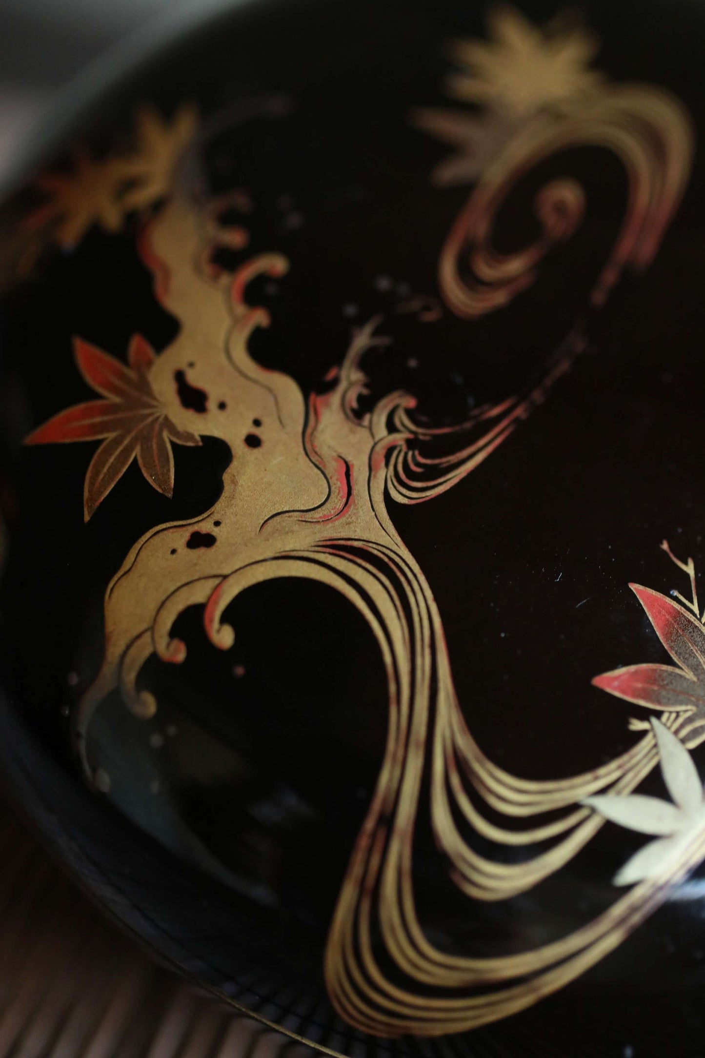 Japanese antique MAKIE fine lacquer incense holder with Rimpa's gold paintings of maple leaves and water, H1.9 x W 4.5in