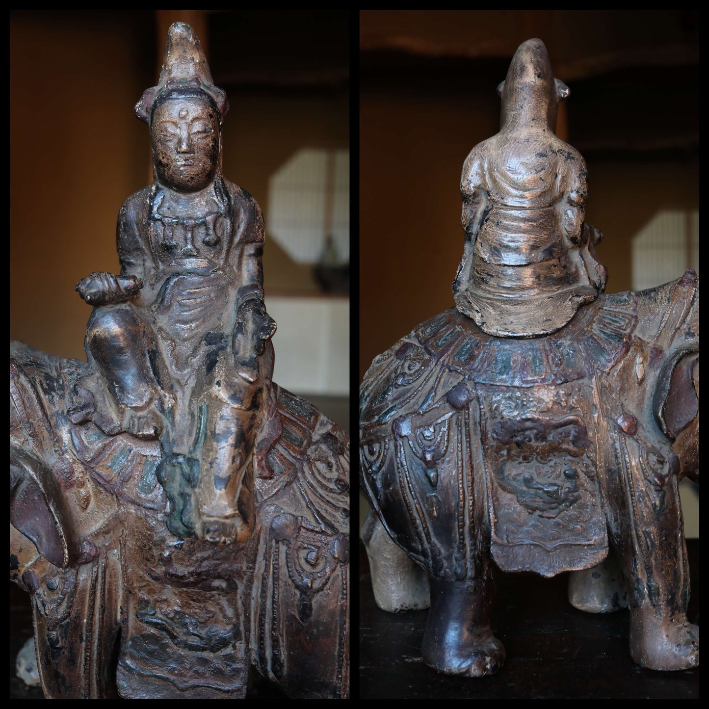 Large! Japanese 1800s Antique Bronze samantabhadra Buddhist statue Censer incense burner from temple Elephant and Kannon 1900s H15.7in/40cm