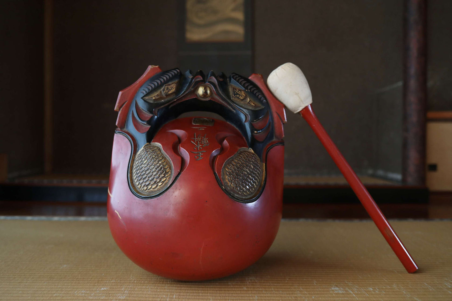 FINE! BIG! 1900s Antique Wooden Fish drum gong"mokugyo" from Buddhist temple stick set, red gold lacquer Chanting Musical Drum 16.1in/46cm