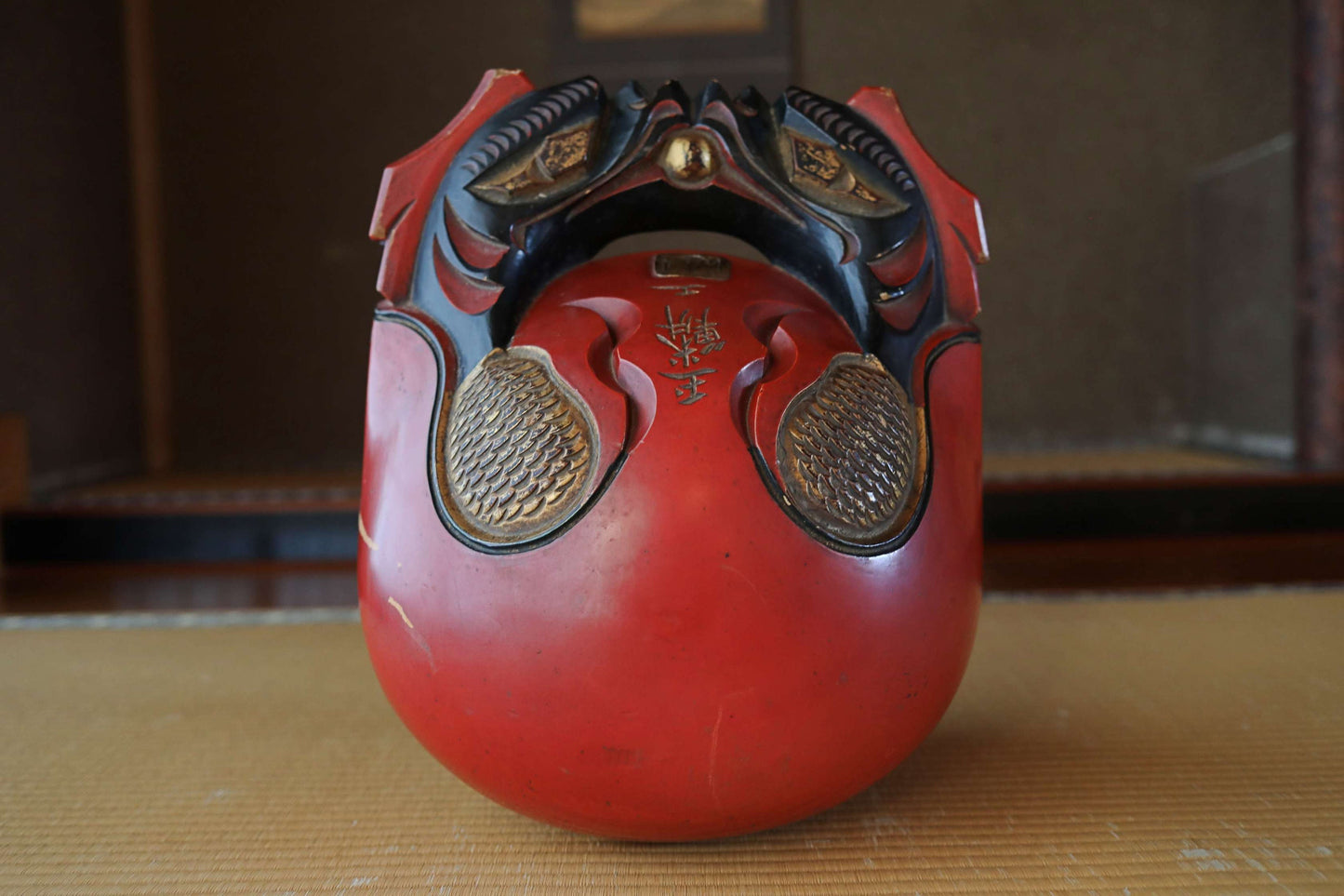 FINE! BIG! 1900s Antique Wooden Fish drum gong"mokugyo" from Buddhist temple stick set, red gold lacquer Chanting Musical Drum 16.1in/46cm