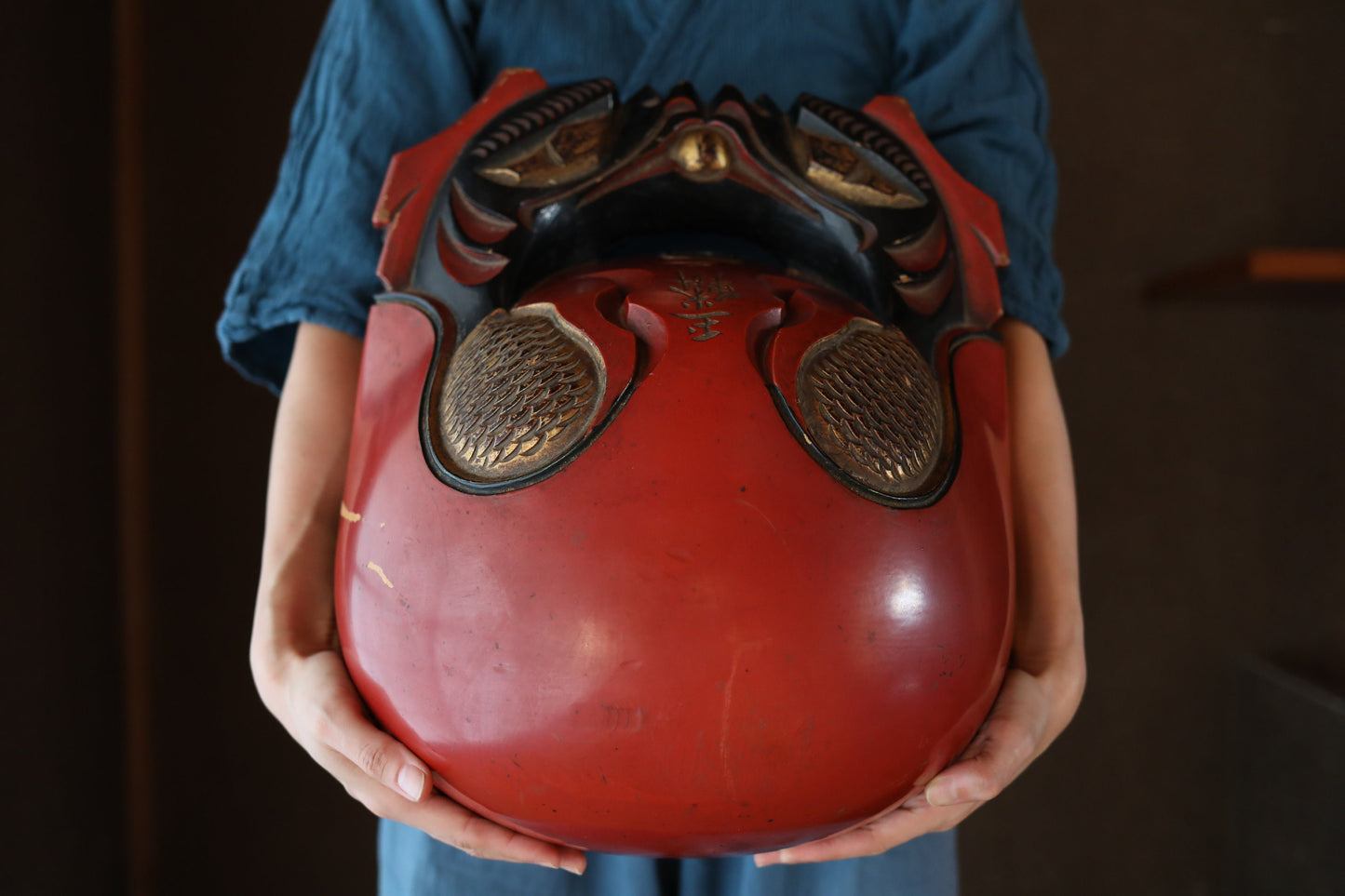 FINE! BIG! 1900s Antique Wooden Fish drum gong"mokugyo" from Buddhist temple stick set, red gold lacquer Chanting Musical Drum 16.1in/46cm