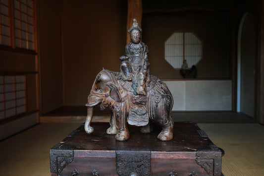 Large! Japanese 1800s Antique Bronze samantabhadra Buddhist statue Censer incense burner from temple Elephant and Kannon 1900s H15.7in/40cm