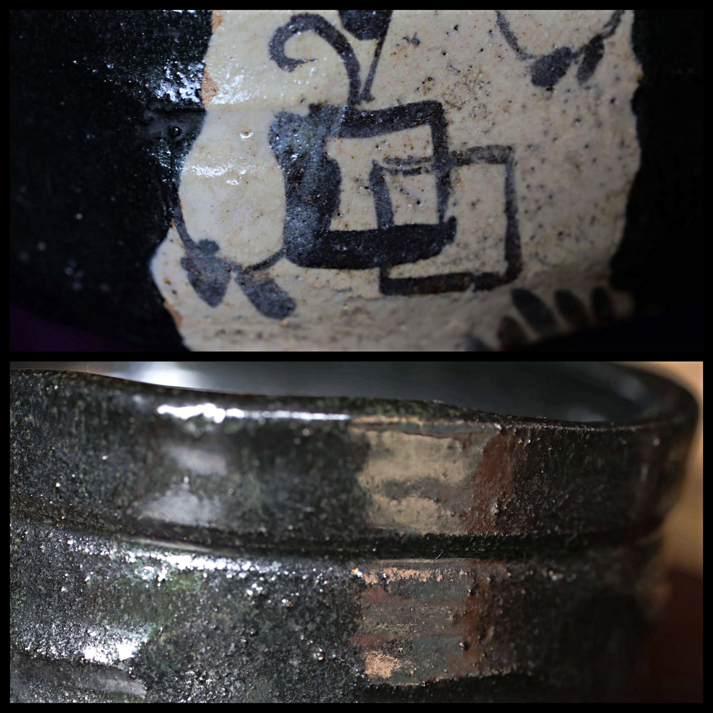 Fine green tea bowl Japanese antique CHAWAN black "ORIBE" ware handmade Matcha Tea Cup Tea Ceremony ceramic with porch box H2.9×5.5in