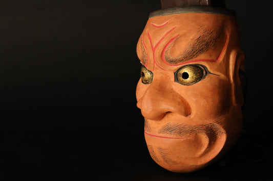 Japanese antique Noh mask demon wood carving 大癋見Obeshimi buddhist ornament statue with silk pouch /wooden craft sculpture H8.3in/H21cm
