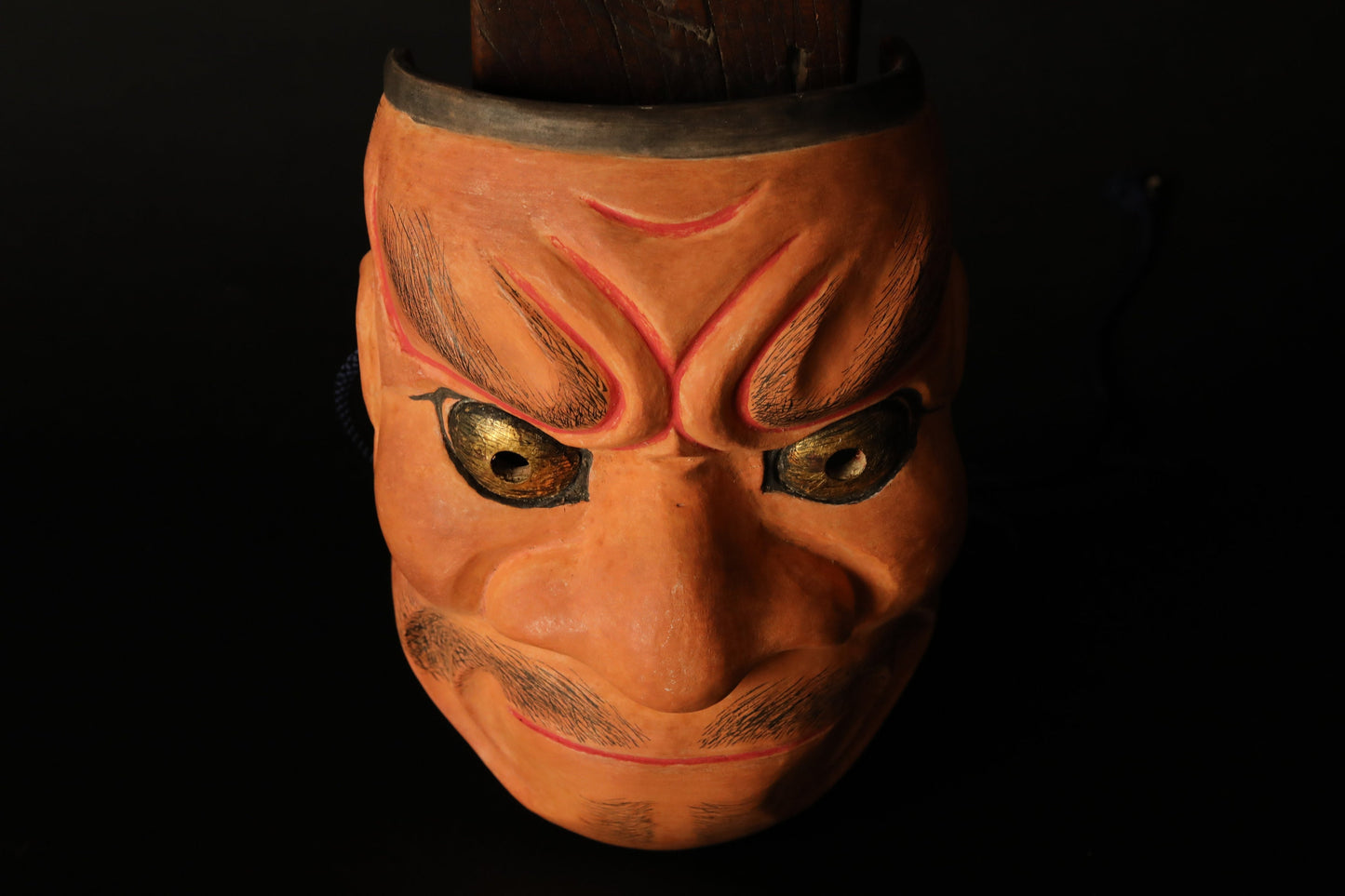 Japanese antique Noh mask demon wood carving 大癋見Obeshimi buddhist ornament statue with silk pouch /wooden craft sculpture H8.3in/H21cm