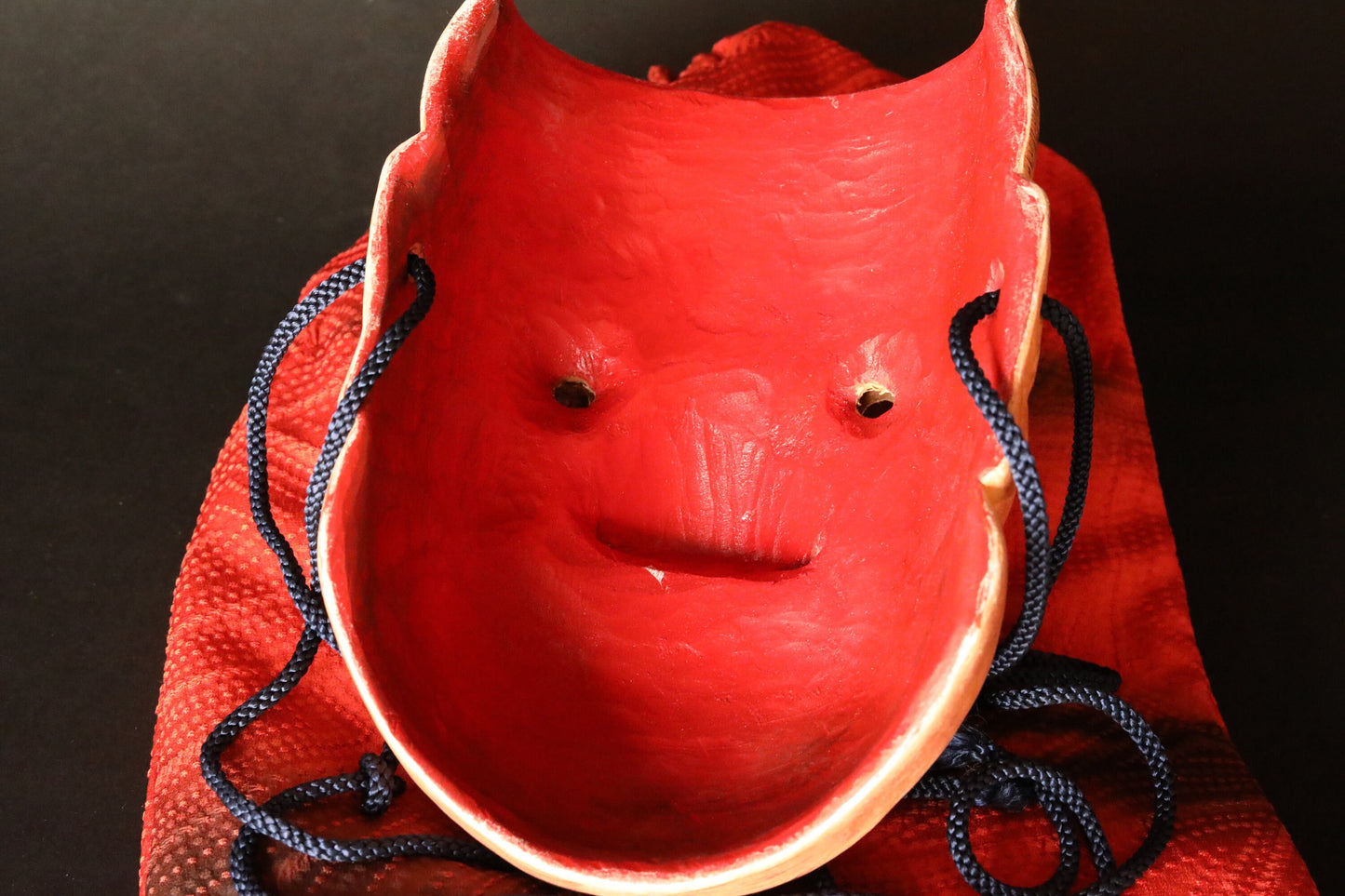 Japanese antique Noh mask demon wood carving 大癋見Obeshimi buddhist ornament statue with silk pouch /wooden craft sculpture H8.3in/H21cm