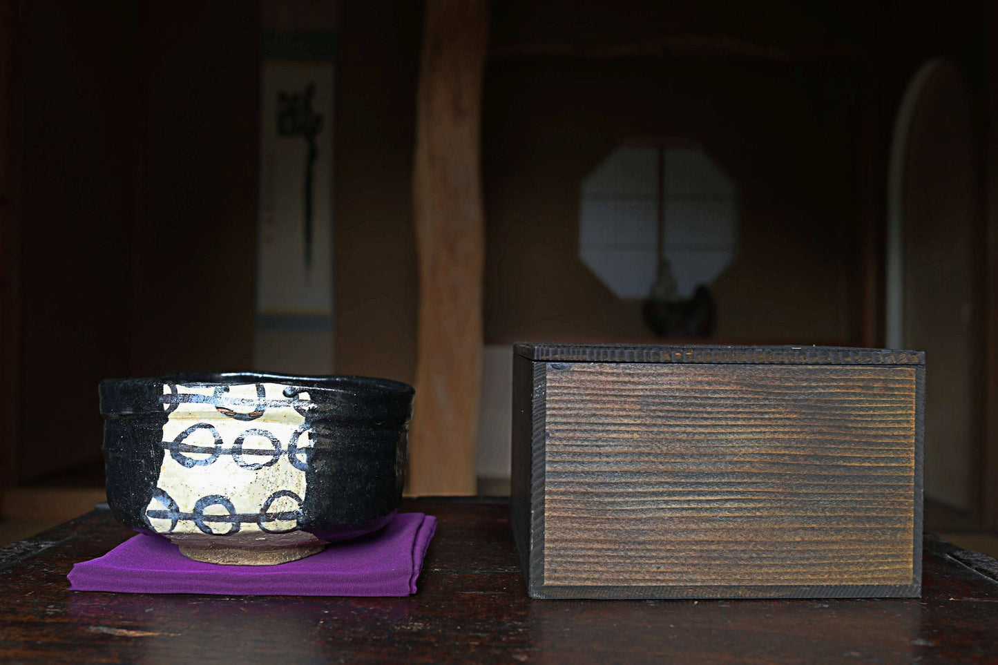 Fine green tea bowl Japanese antique CHAWAN black "ORIBE" ware handmade Matcha Tea Cup Tea Ceremony ceramic with porch box H2.9×5.5in