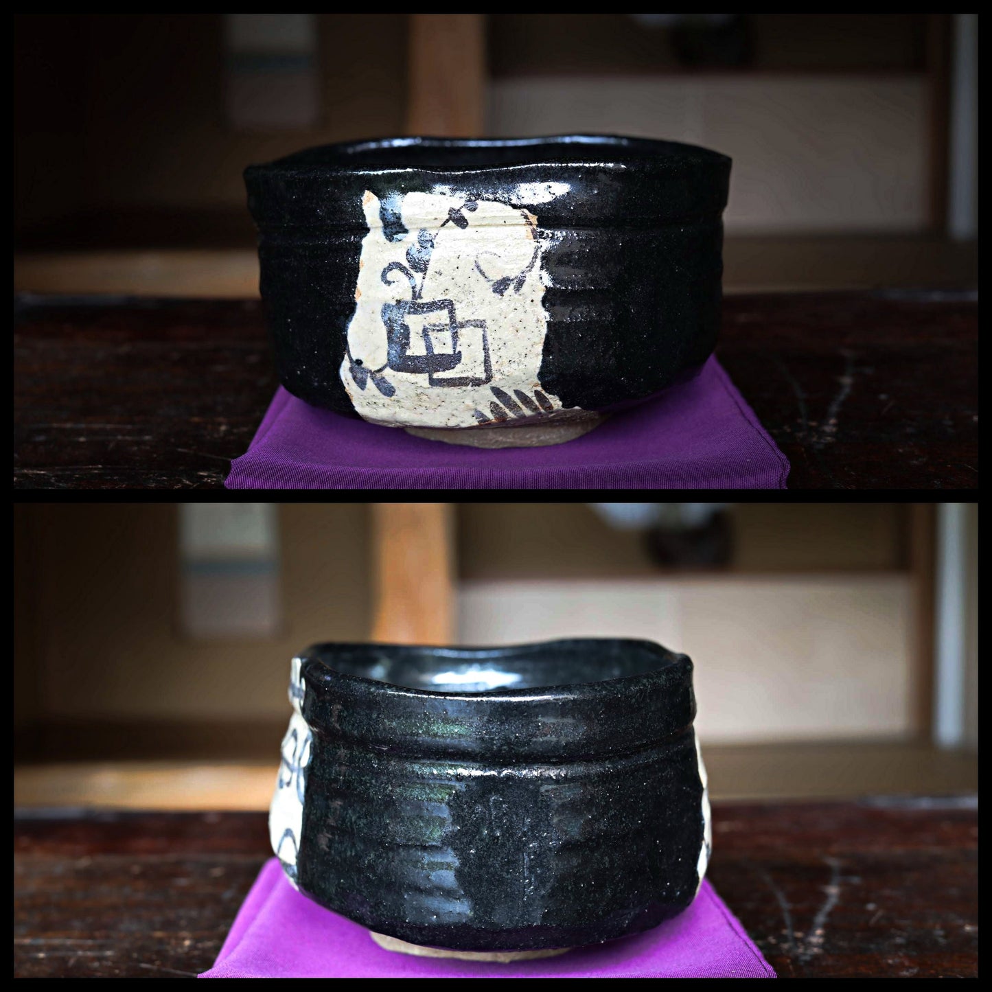 Fine green tea bowl Japanese antique CHAWAN black "ORIBE" ware handmade Matcha Tea Cup Tea Ceremony ceramic with porch box H2.9×5.5in
