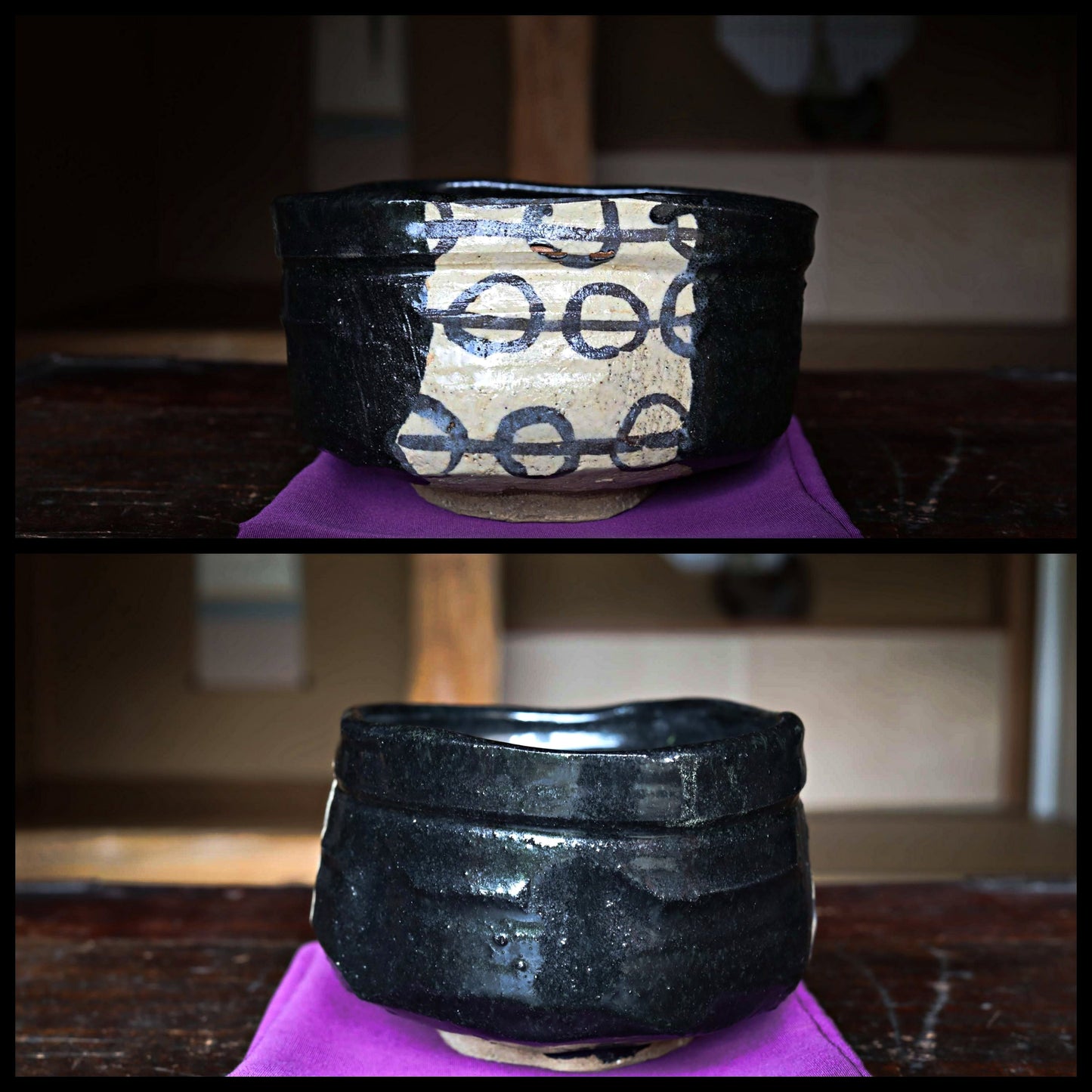 Fine green tea bowl Japanese antique CHAWAN black "ORIBE" ware handmade Matcha Tea Cup Tea Ceremony ceramic with porch box H2.9×5.5in