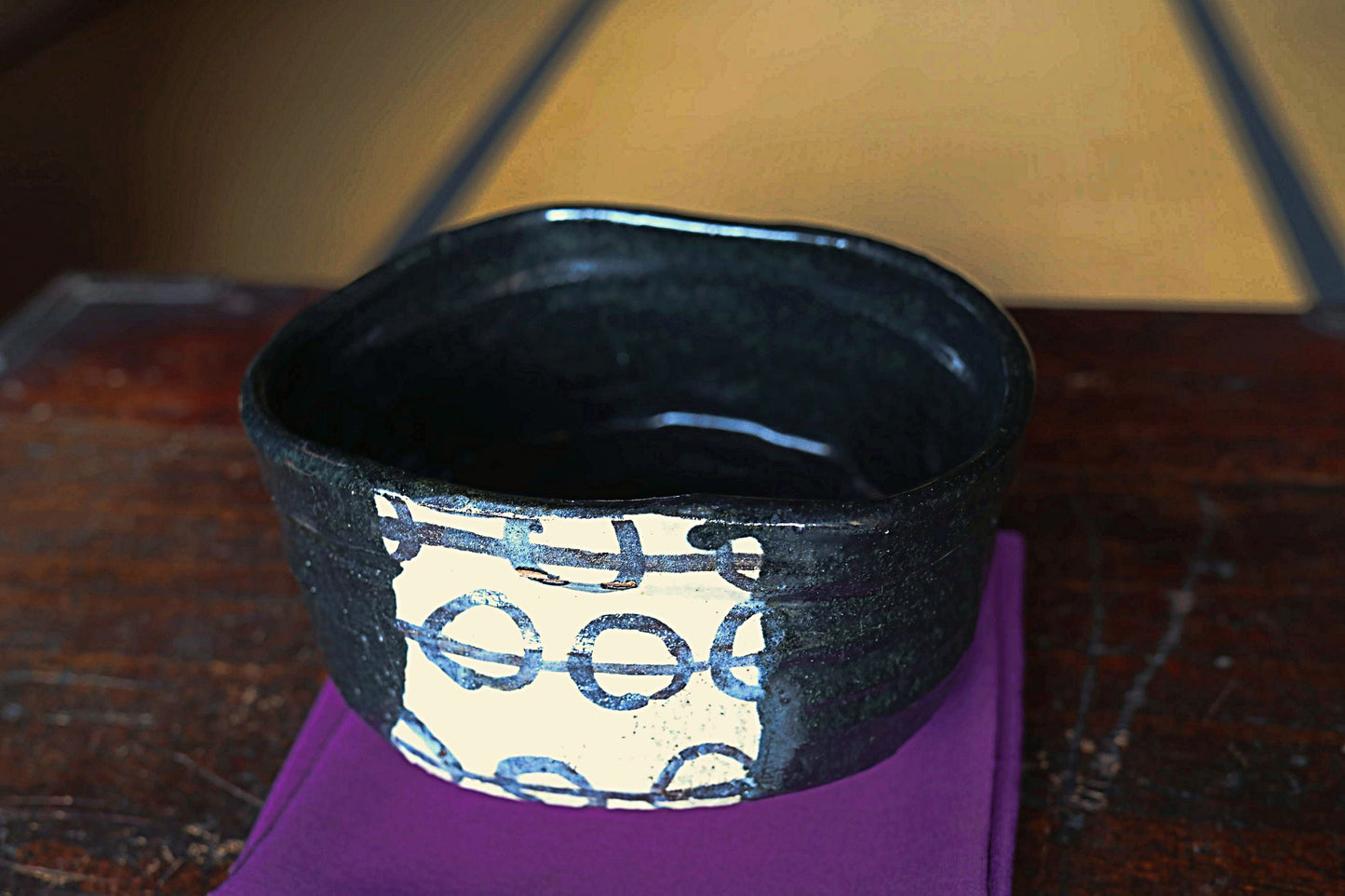 Fine green tea bowl Japanese antique CHAWAN black "ORIBE" ware handmade Matcha Tea Cup Tea Ceremony ceramic with porch box H2.9×5.5in