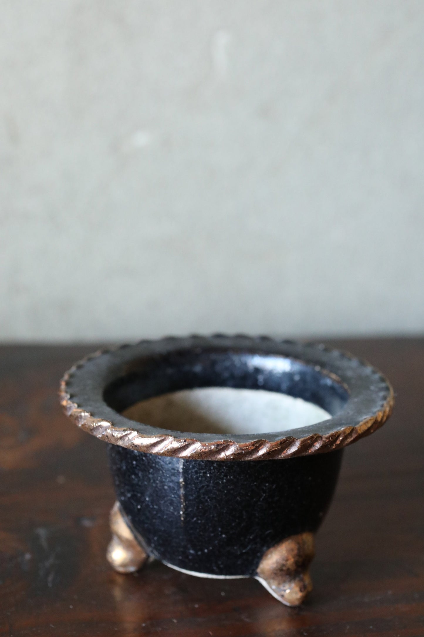Japanese furniture antique orchid pot with three legs black gold, "Rakuyaki hachi", pottery pot with gold painting, H2.8×4.3in/H7×11cm