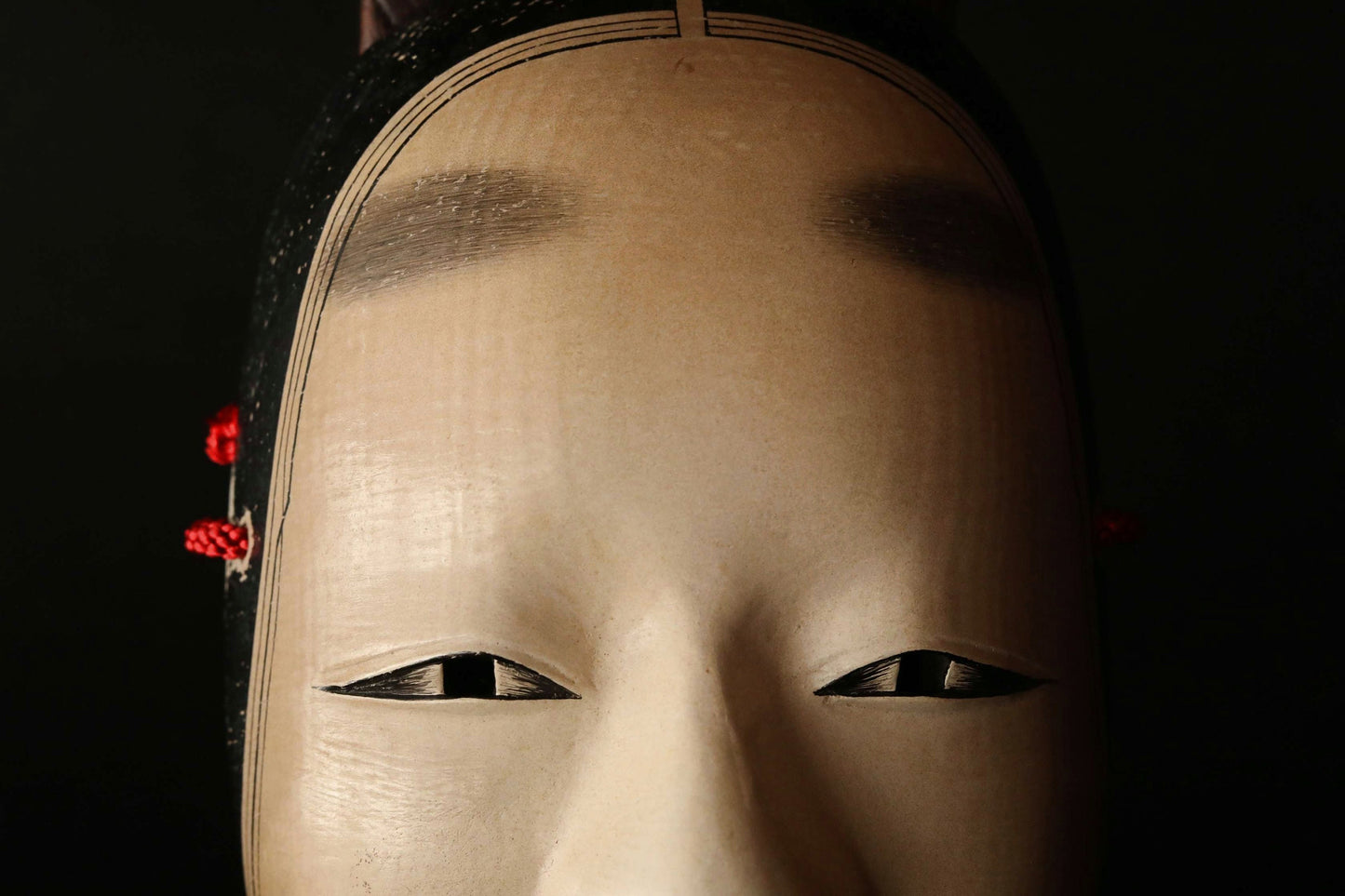 FINE! Japanese 1920s antique Noh mask wood hand carving KOOMOTE 万媚Manbi buddhist statue Signed with wooden box and silk bag H7.9in/H20cm