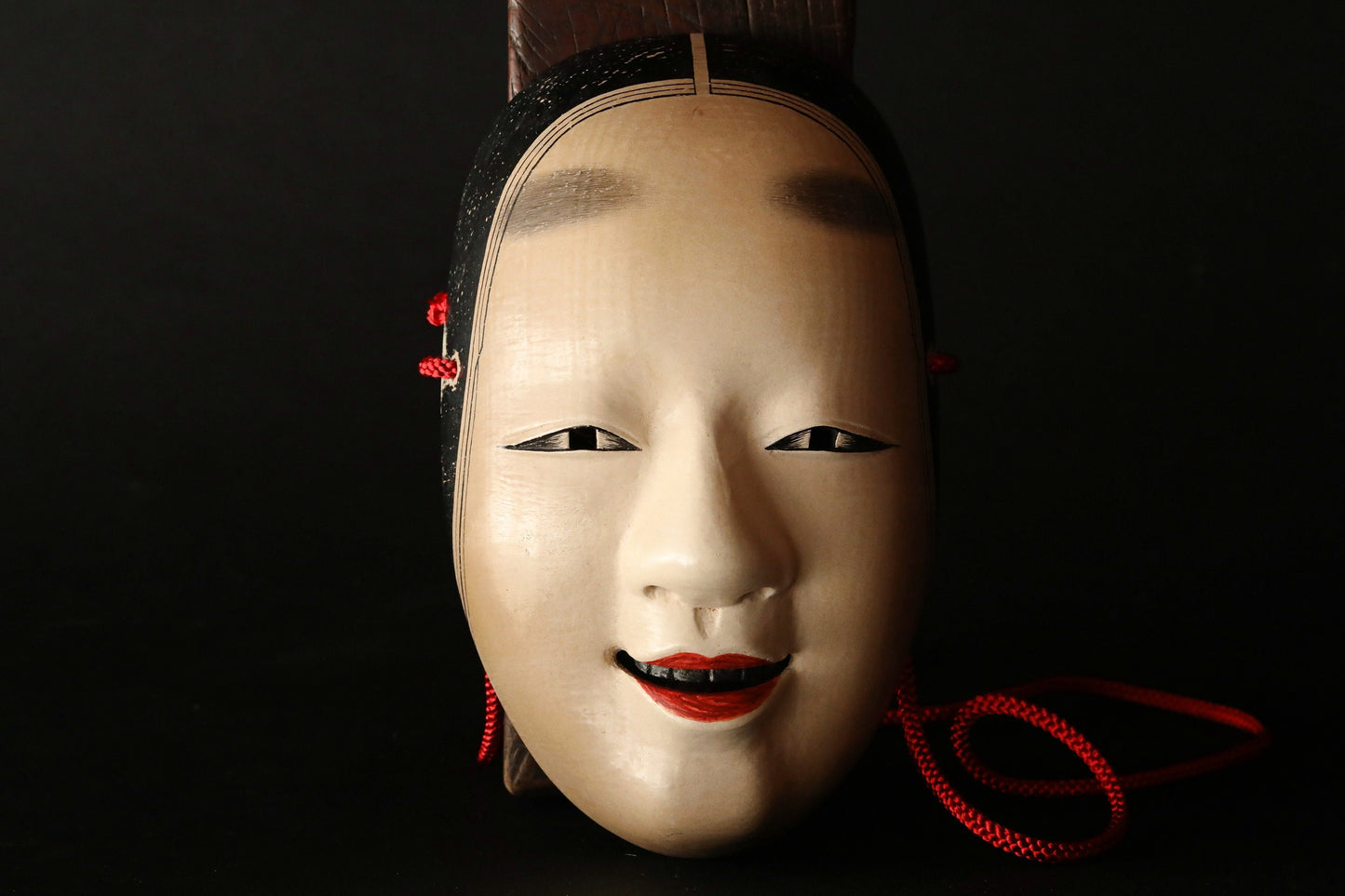 FINE! Japanese 1920s antique Noh mask wood hand carving KOOMOTE 万媚Manbi buddhist statue Signed with wooden box and silk bag H7.9in/H20cm