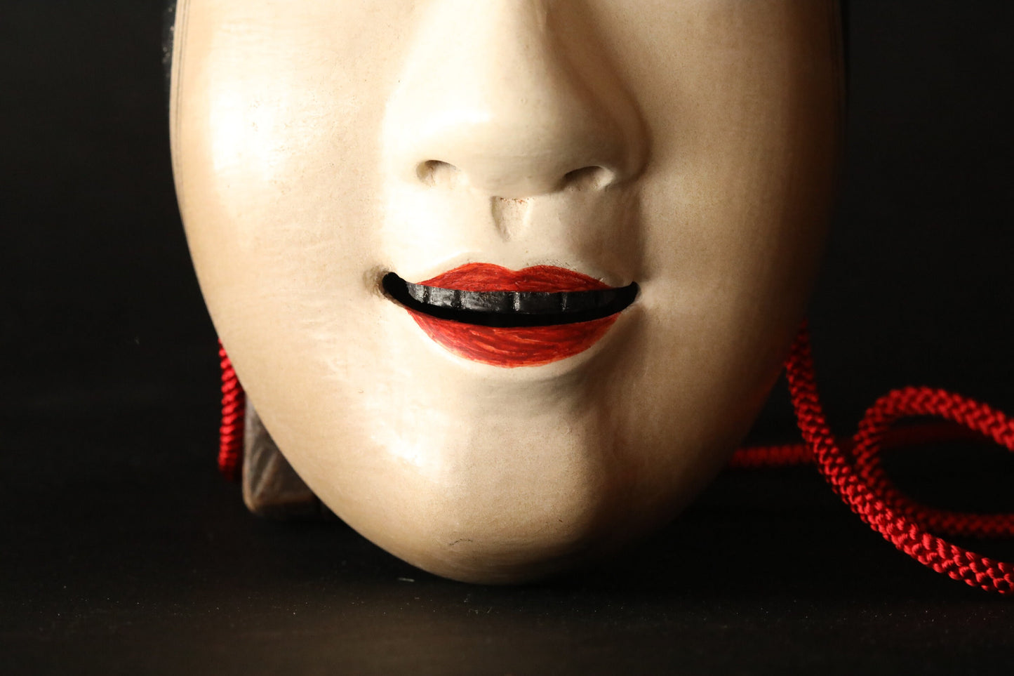 FINE! Japanese 1920s antique Noh mask wood hand carving KOOMOTE 万媚Manbi buddhist statue Signed with wooden box and silk bag H7.9in/H20cm