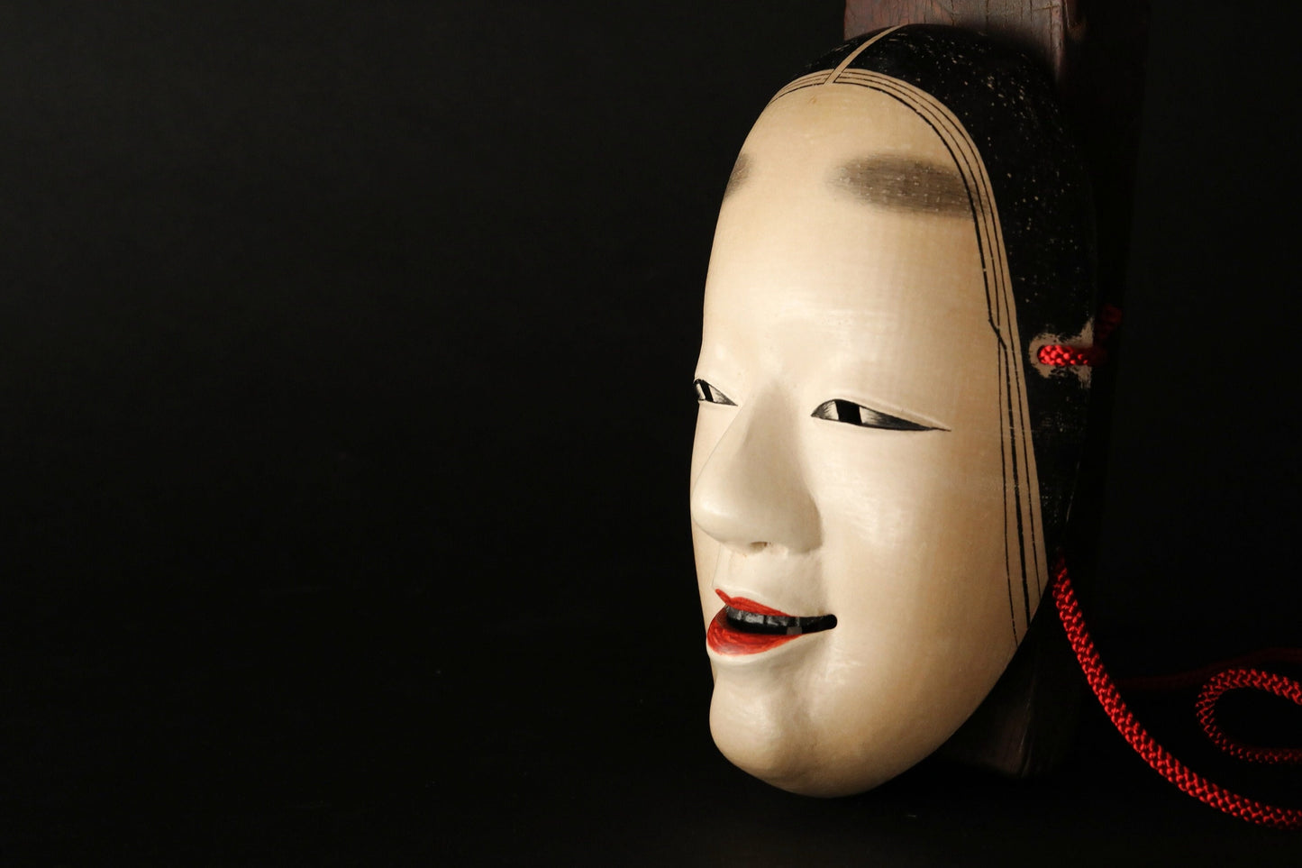 FINE! Japanese 1920s antique Noh mask wood hand carving KOOMOTE 万媚Manbi buddhist statue Signed with wooden box and silk bag H7.9in/H20cm