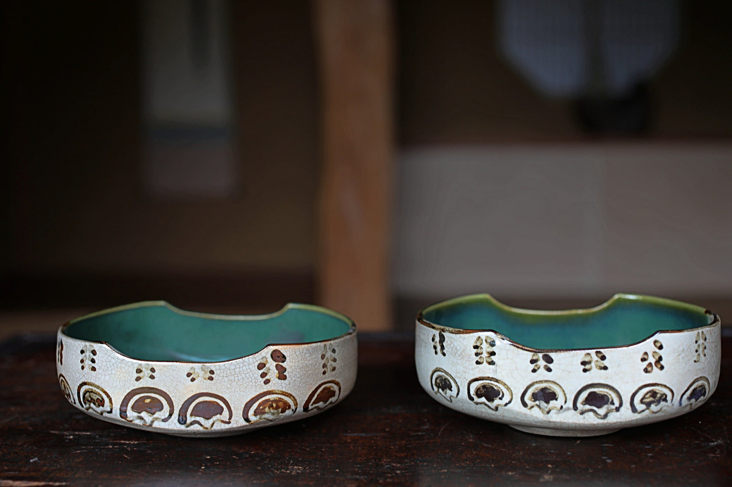 Japanese old ceramic antique ORIBE master pair bowl dish, Tea ceremony minimalist abstract 1930s kiln art craft W5.1in/W13cm