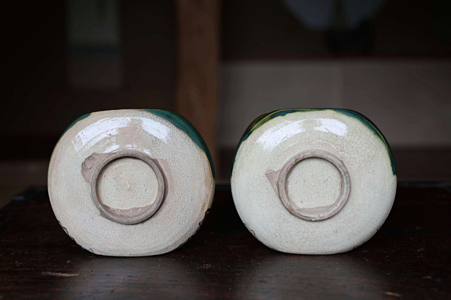 Japanese old ceramic antique ORIBE master pair bowl dish, Tea ceremony minimalist abstract 1930s kiln art craft W5.1in/W13cm