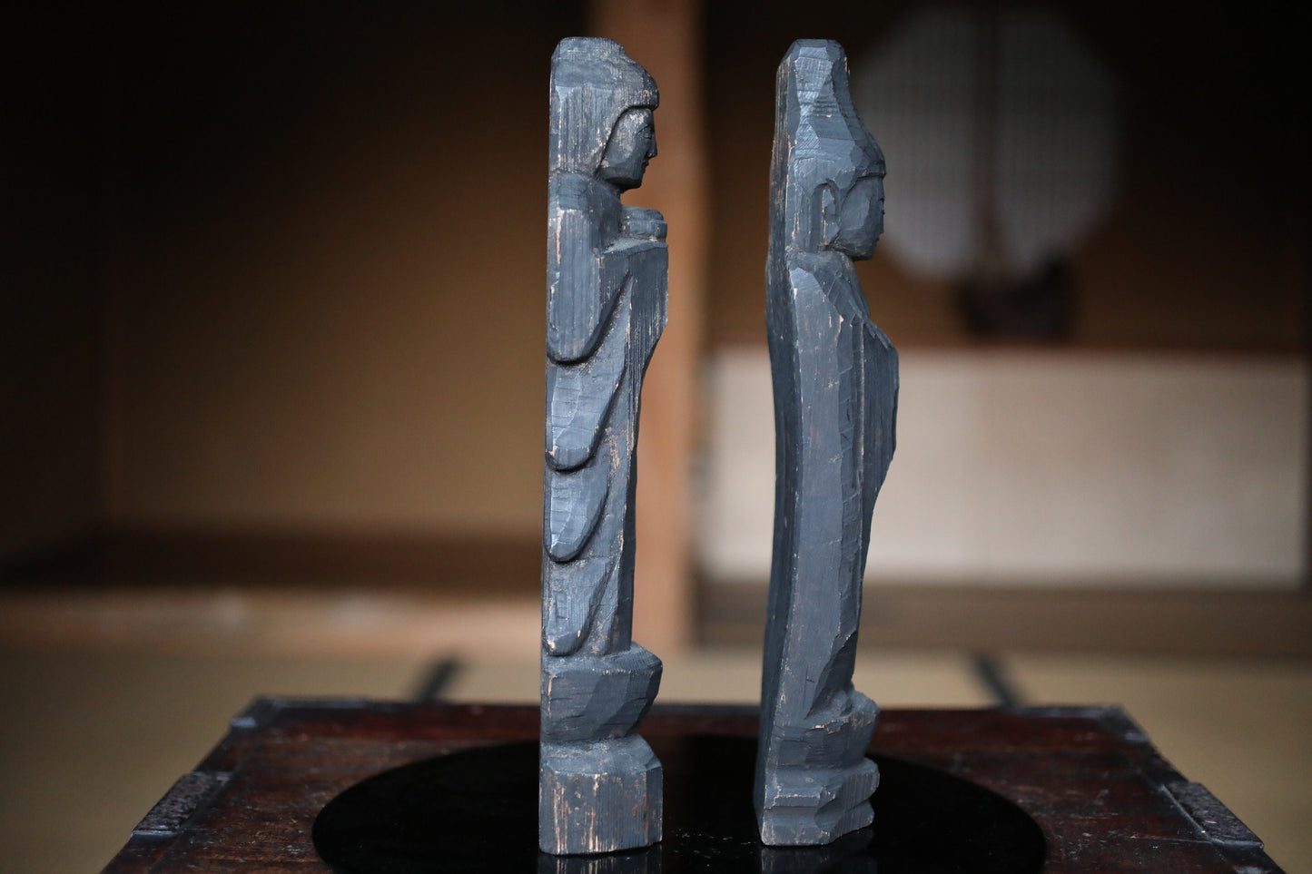 Japanese antique EDO 1800s Sun and Moon buddha statue by ENKU imitation monk wood hand carving sculpture temple, H13.2×2.8in/H33.5×7cm