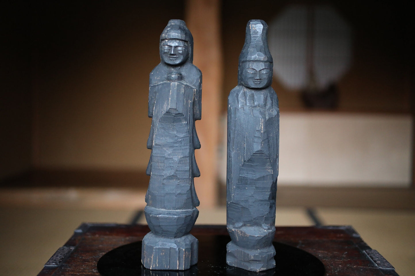 Japanese antique EDO 1800s Sun and Moon buddha statue by ENKU imitation monk wood hand carving sculpture temple, H13.2×2.8in/H33.5×7cm