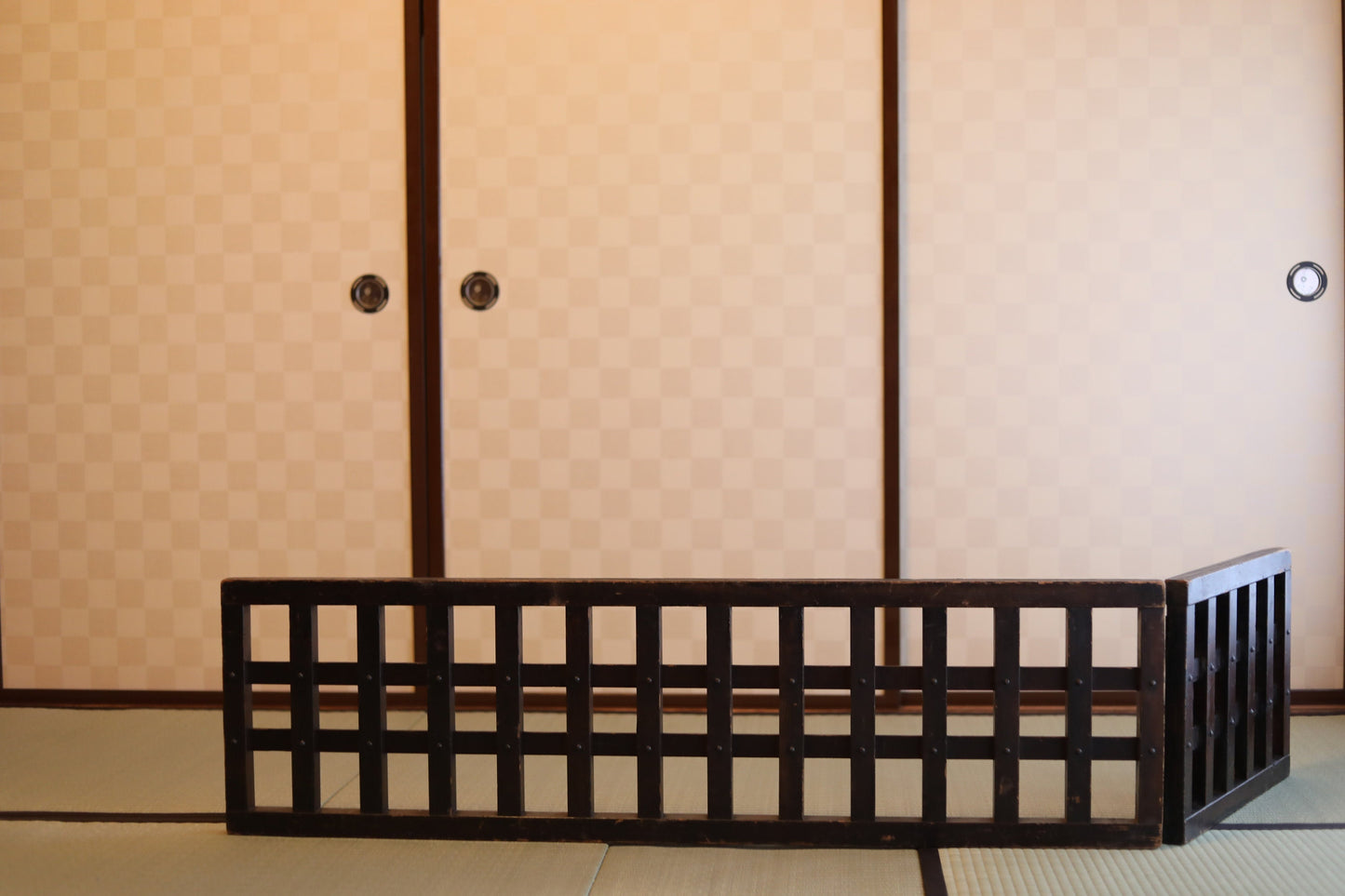 Japanese Furniture antique Wood lattice partition 帳場格子Cho-ba koushi, wooden folding screen, old wood deco,Edo 1800s, H14.2×71.3in/H36×181cm