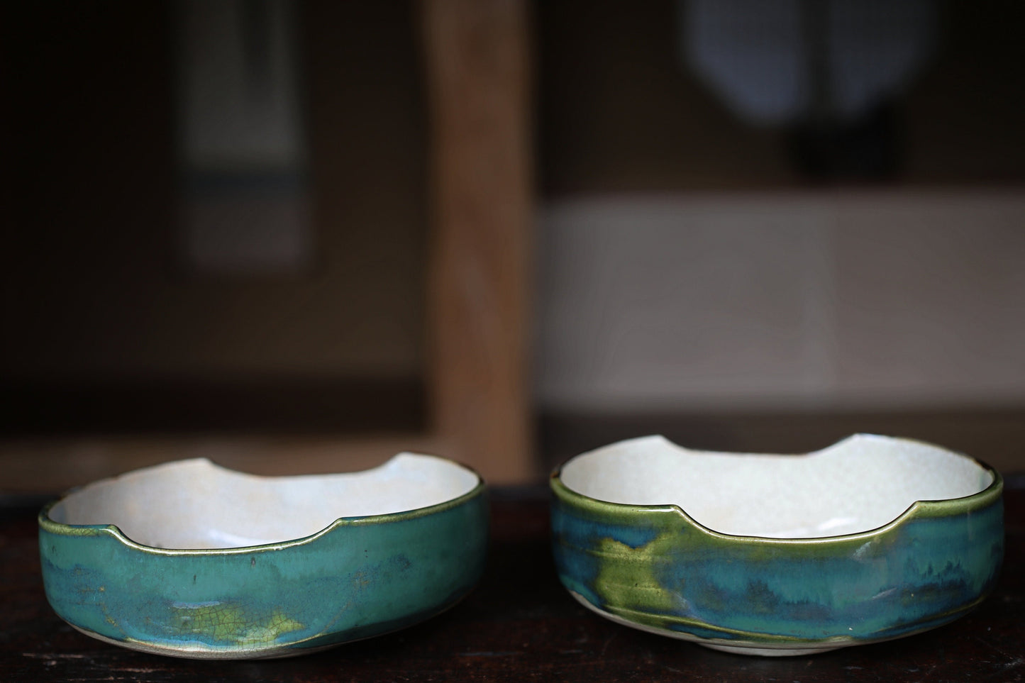 Japanese old ceramic antique ORIBE master pair bowl dish, Tea ceremony minimalist abstract 1930s kiln art craft W5.1in/W13cm
