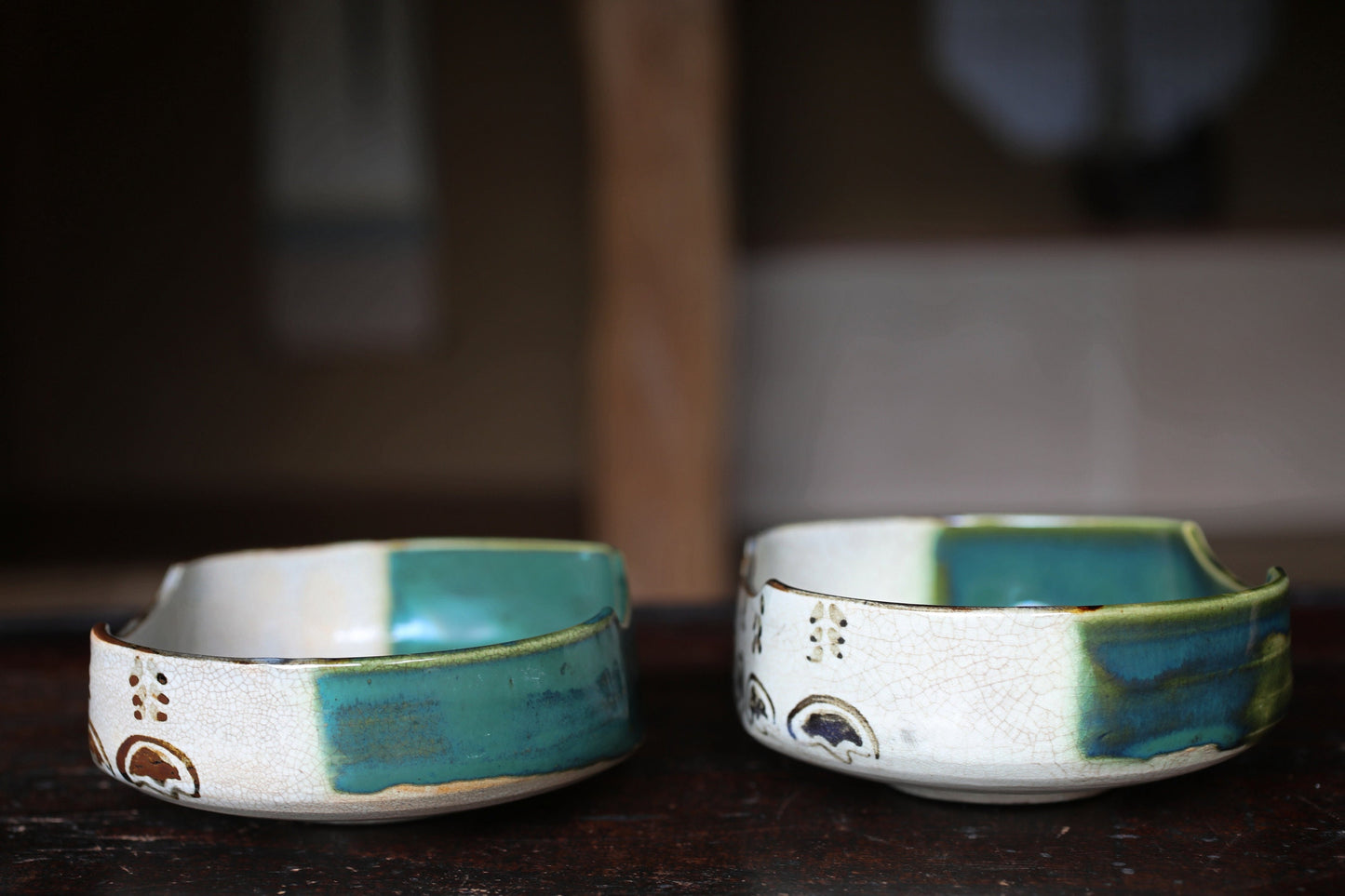 Japanese old ceramic antique ORIBE master pair bowl dish, Tea ceremony minimalist abstract 1930s kiln art craft W5.1in/W13cm