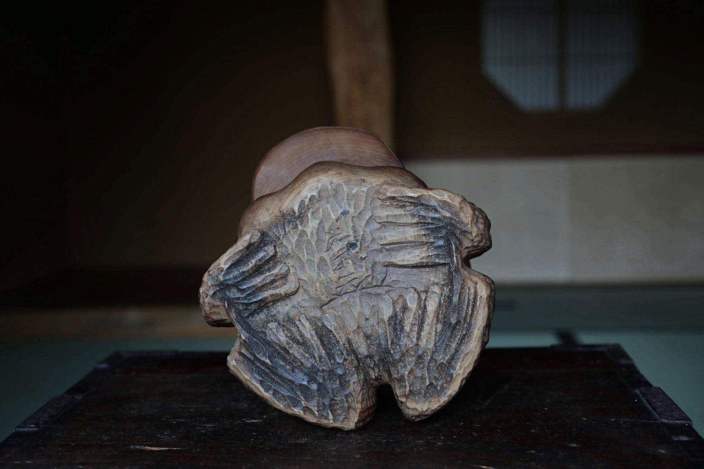 Rural Japanese vintage wooden Kaeru frog sculpture,  Kibori art craft hand carving sculpture ,wood animal doll 1960s H8.3×8.7in/H21×22cm