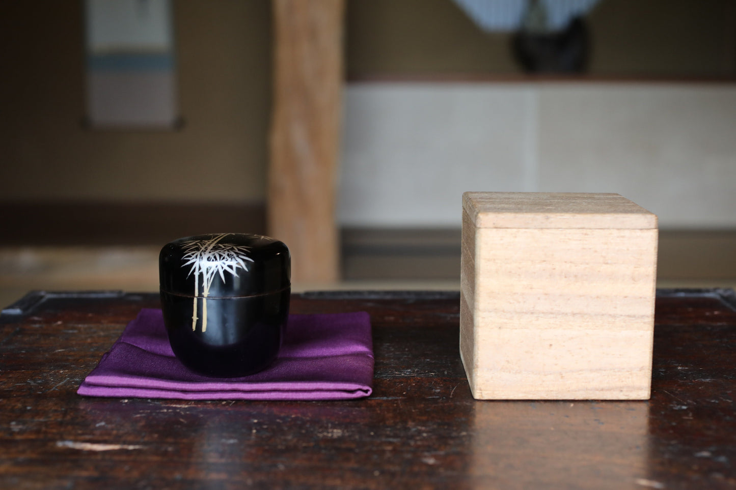Japanese antique "matcha" green tea caddy with gold makie bamboo, "棗 natsume", for tea ceremony, wooden lacquer, H2.6x2.6in