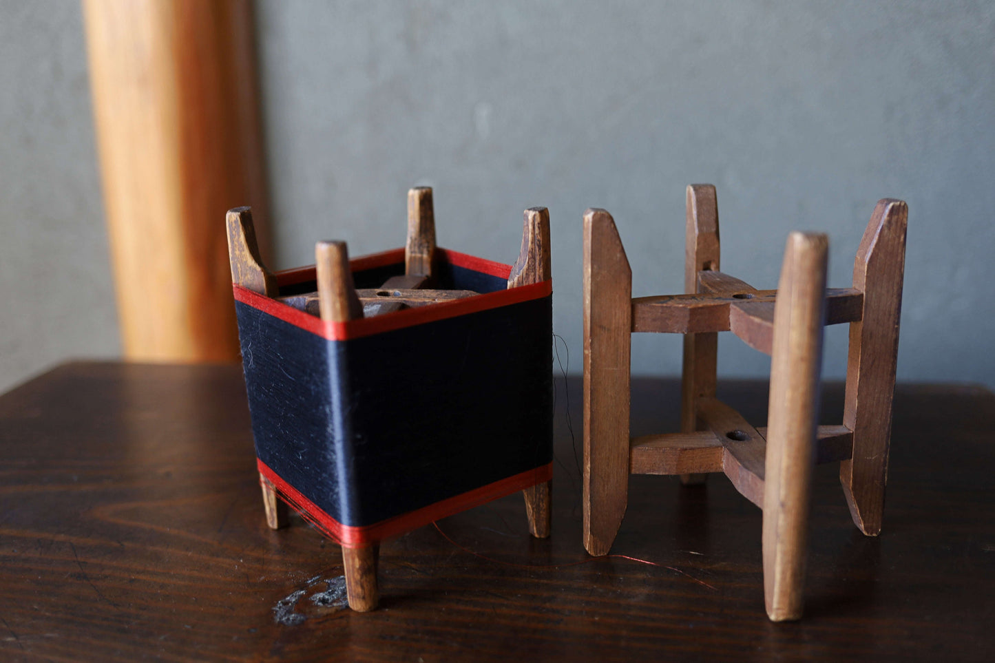 Japanese vintage pair of wooden silk bobbin ITOMAKI loom parts Spool Winder 1930s Japan craft decorative plant stand H5.9in/H15cm