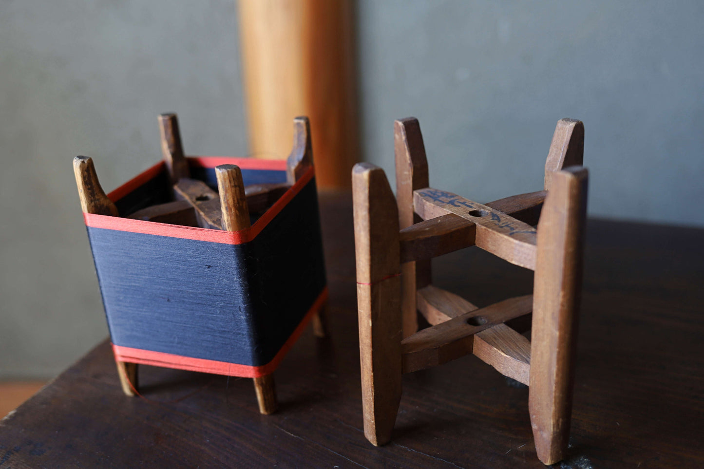 Japanese vintage pair of wooden silk bobbin ITOMAKI loom parts Spool Winder 1930s Japan craft decorative plant stand H5.9in/H15cm