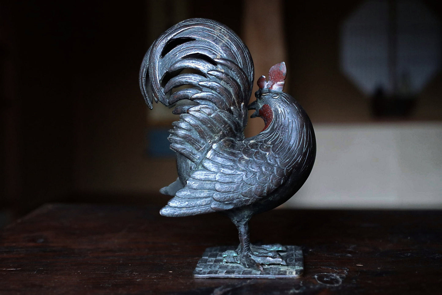 FINE! Japanese antique 1910s Bronze bird statue censer Koro cock Ondori rooster with wooden, animal Incense burner For GIFT H9.3in/H23.5cm
