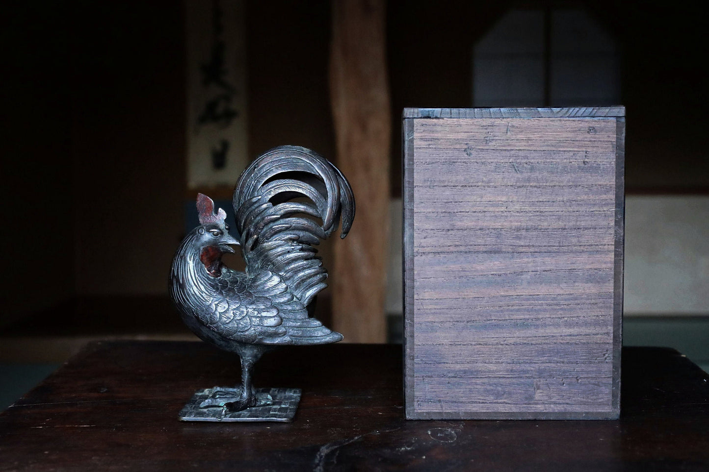 FINE! Japanese antique 1910s Bronze bird statue censer Koro cock Ondori rooster with wooden, animal Incense burner For GIFT H9.3in/H23.5cm