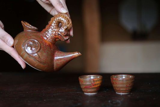 Japanese vintage OKINAWA dragon sake cups bottle set pottery Beautiful color with Kanji signature wooden box For GIFT Tokkuri H5.3in/13.4cm