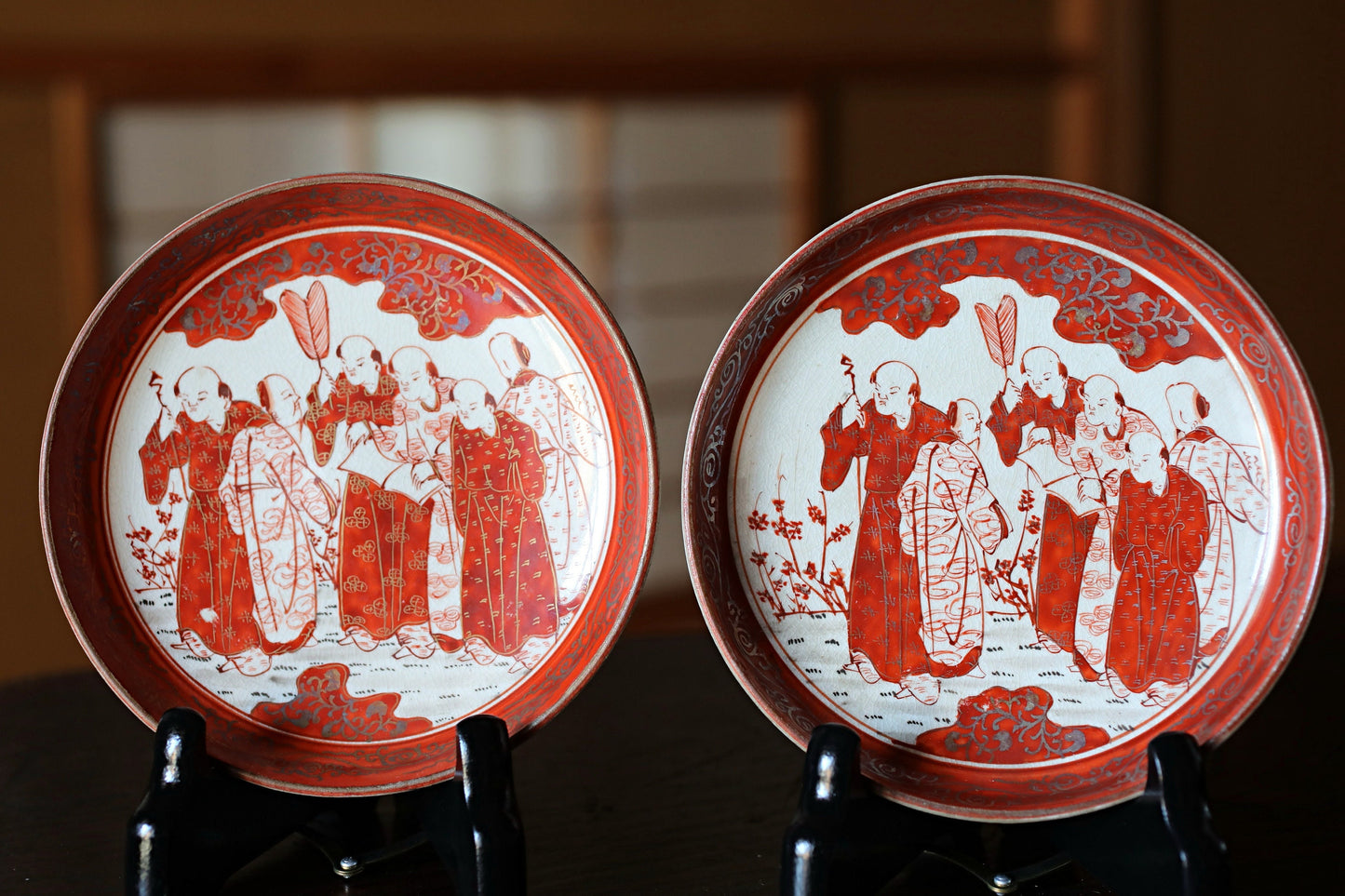 FINE! 1800s Meiji-Edo Set of 5 Japanese antique small plates porcelain dishes, beautiful Silver and Red Kutani Seven Hermits 4.9in/12.5cm