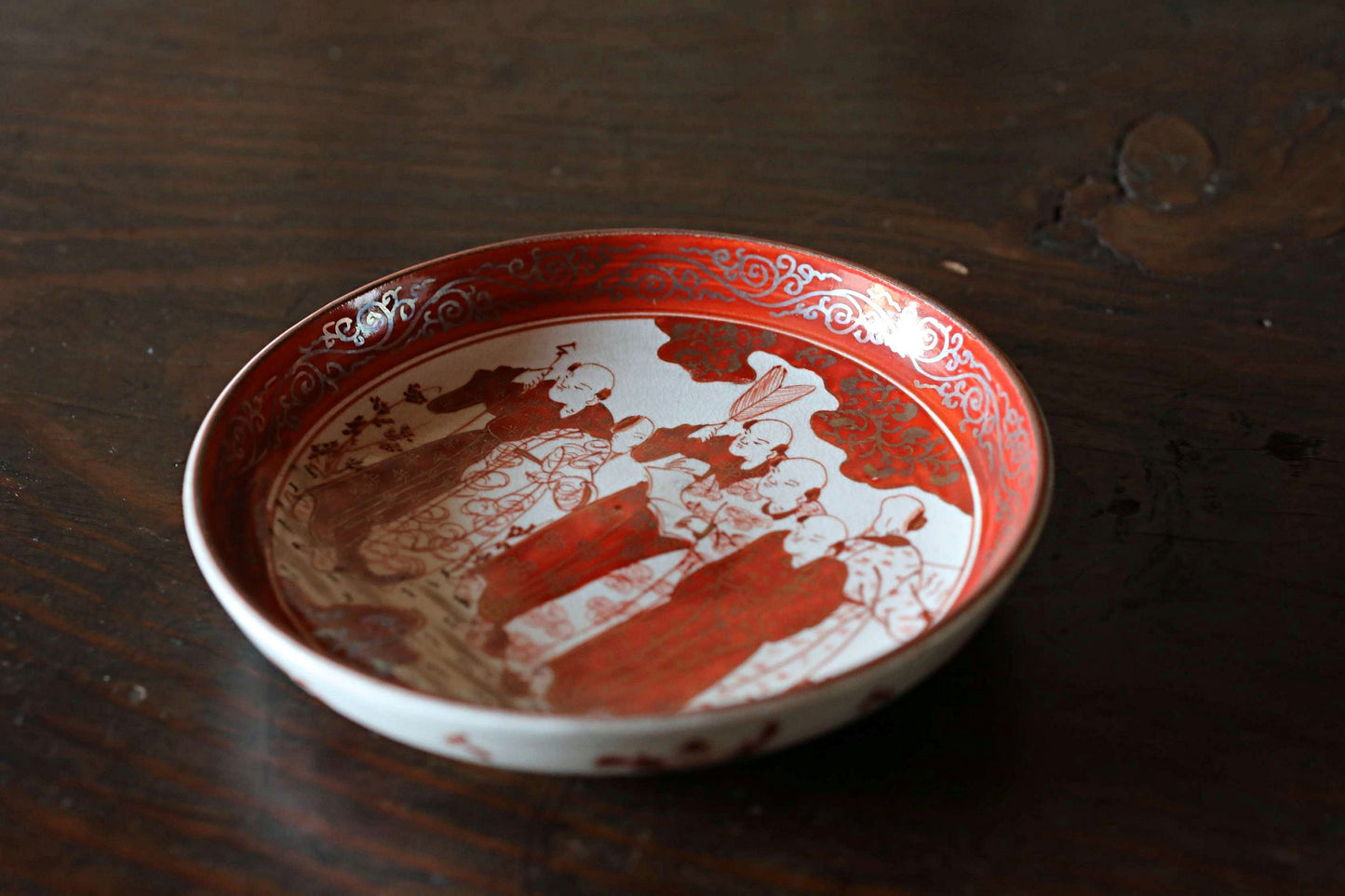 FINE! 1800s Meiji-Edo Set of 5 Japanese antique small plates porcelain dishes, beautiful Silver and Red Kutani Seven Hermits 4.9in/12.5cm