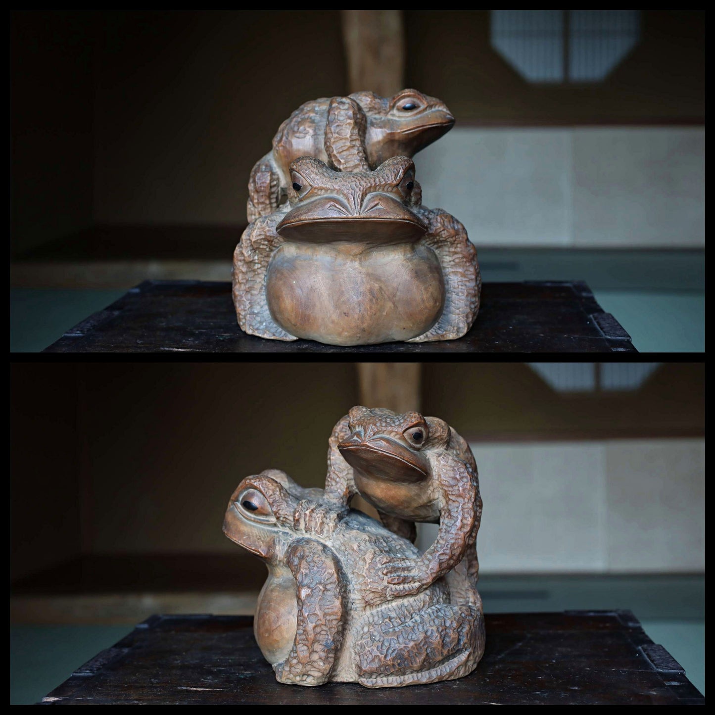 Rural Japanese vintage wooden Kaeru frog sculpture,  Kibori art craft hand carving sculpture ,wood animal doll 1960s H8.3×8.7in/H21×22cm