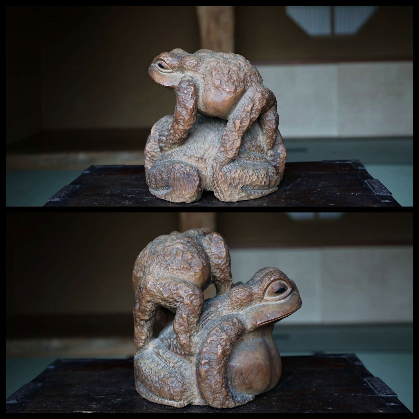 Rural Japanese vintage wooden Kaeru frog sculpture,  Kibori art craft hand carving sculpture ,wood animal doll 1960s H8.3×8.7in/H21×22cm