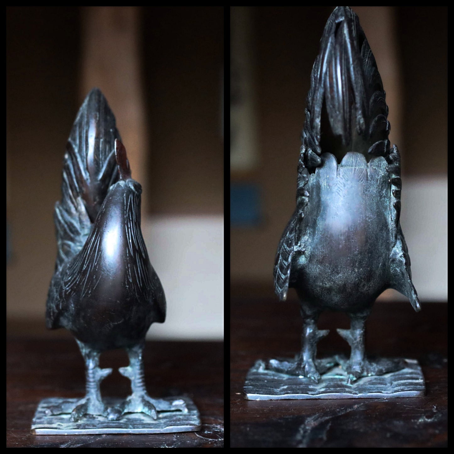 FINE! Japanese antique 1910s Bronze bird statue censer Koro cock Ondori rooster with wooden, animal Incense burner For GIFT H9.3in/H23.5cm