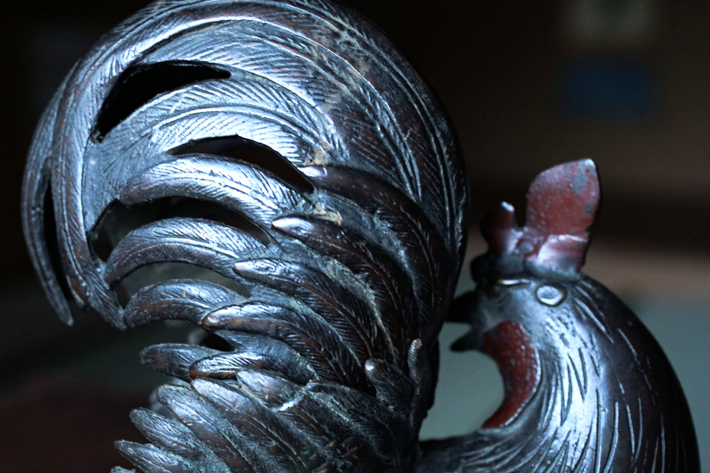 FINE! Japanese antique 1910s Bronze bird statue censer Koro cock Ondori rooster with wooden, animal Incense burner For GIFT H9.3in/H23.5cm