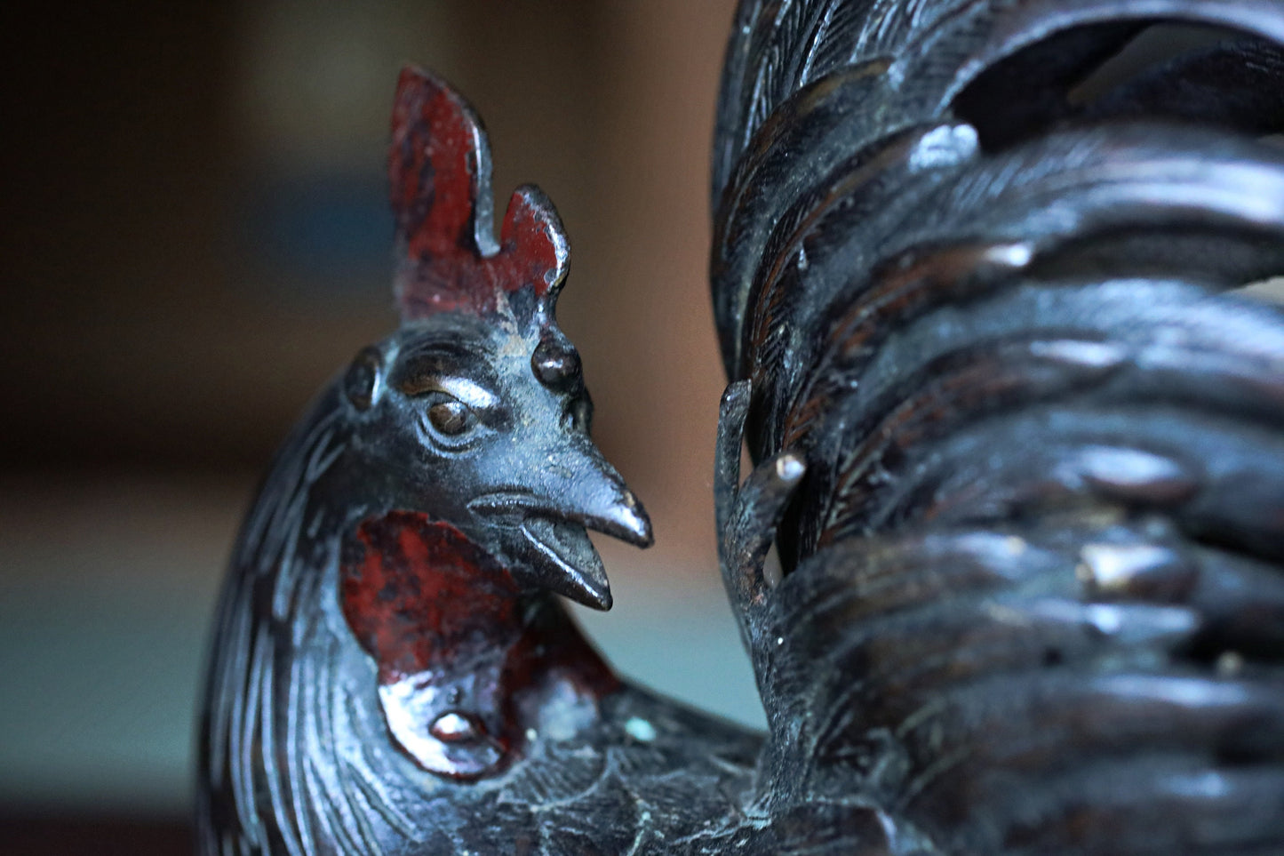 FINE! Japanese antique 1910s Bronze bird statue censer Koro cock Ondori rooster with wooden, animal Incense burner For GIFT H9.3in/H23.5cm