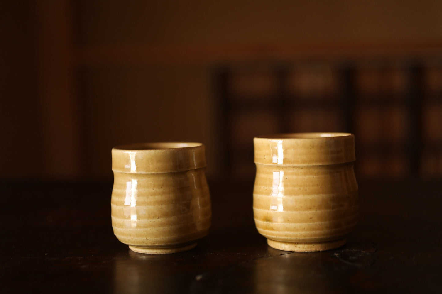 Pair couple Tea Cup Japanese vintage ceramic KISETO kiln ware, plant simple design, with Kanji wooden box For GIFT H2.8in/H7.1cm