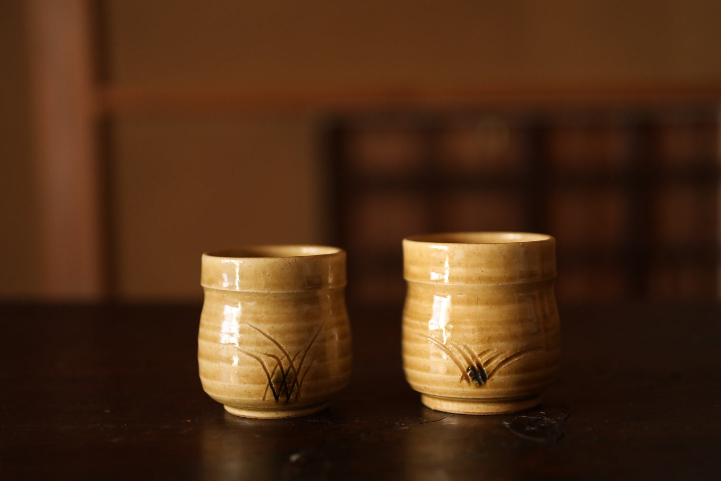 Pair couple Tea Cup Japanese vintage ceramic KISETO kiln ware, plant simple design, with Kanji wooden box For GIFT H2.8in/H7.1cm